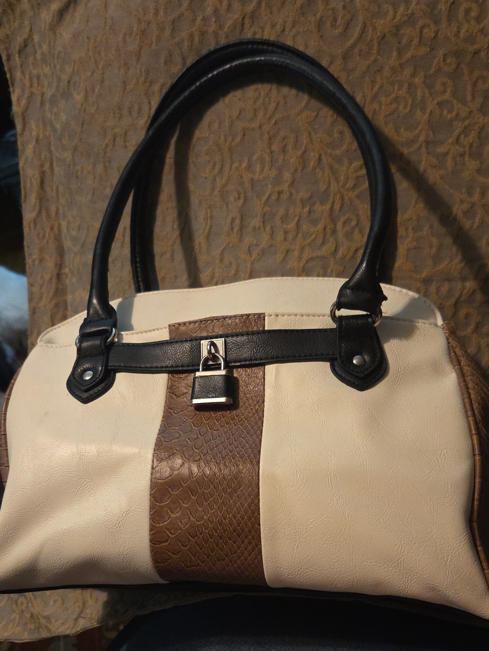 Cream and Brown Treviso Handbag with Black Handles
